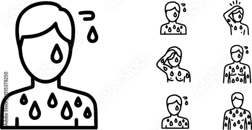 Sweating linear style icon set. Person sweating, drops of sweat on body. vector illustration on white background