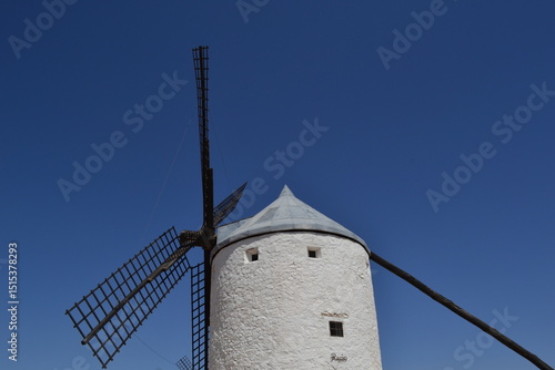 Traditional spanish windmill against clear blue sky in spain. Consuegra. La Mancha. Spain