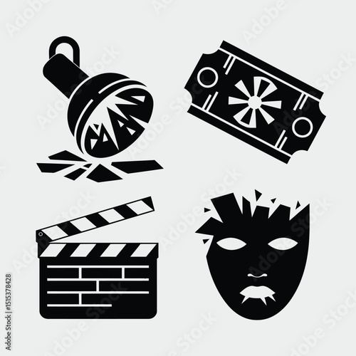 vector icons for cinema, Director's Chair , theatrical roles, video tape, cinema shattered spotlight, Theater Ticket
