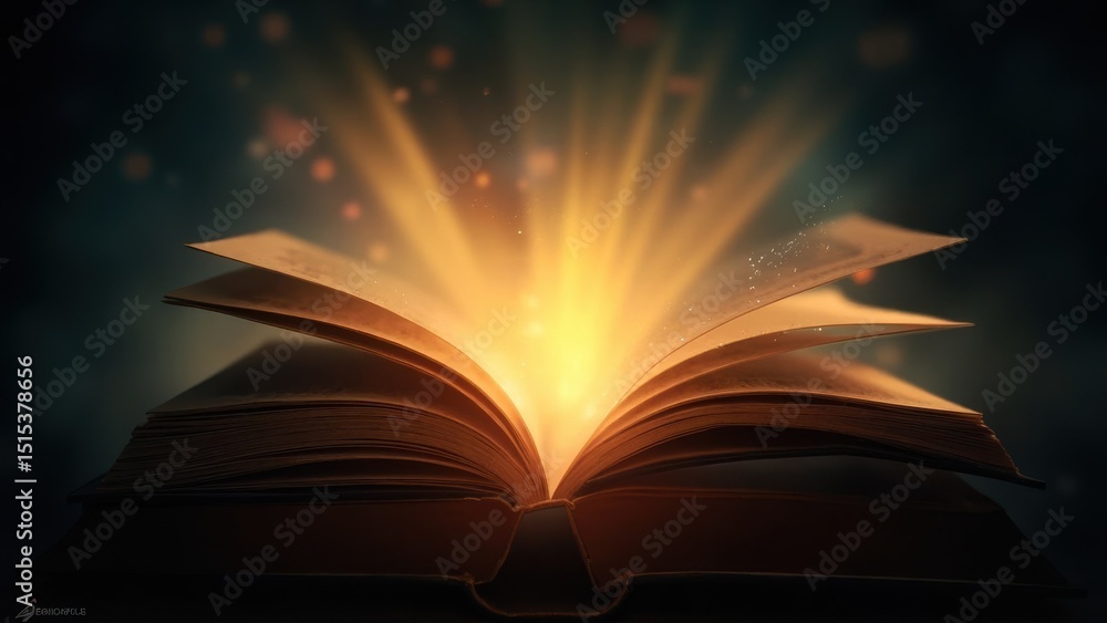 An open book emits a bright, glowing light from its center, with a mist rising above the pages. The dark background accentuates the mystical effect, evoking themes of magic, knowledge, and discovery. An open book emits a bright, glowing light from its center, with a mist rising above the pages. The dark background accentuates the mystical effect, evoking themes of magic, knowledge, and discovery.
