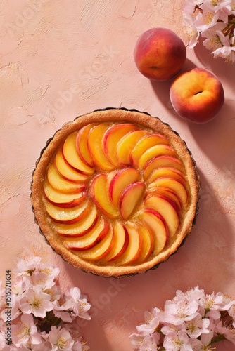 Fresh Peach Tart Decorated With Flowers on a Pink Background During Summer