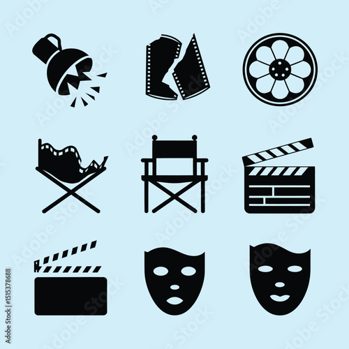 vector icons for cinema, Director's Chair , theatrical roles, video tape, cinema shattered spotlight, Theater Ticket
