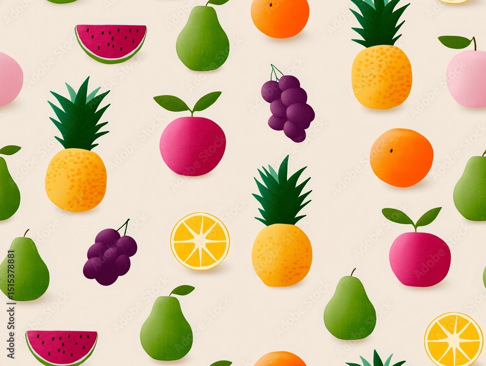 Colorful seamless pattern featuring various fruits like pineapples, grapes, oranges, and watermelons on a light background, ideal for vibrant and playful design projects Colorful seamless pattern featuring various fruits like pineapples, grapes, oranges, and watermelons on a light background, ideal for vibrant and playful design projects