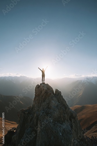 Person Celebrates on a Mountain Peak at Sunset Overlooking Vast Mountain Ranges