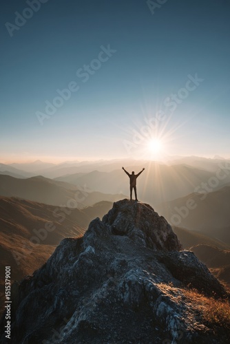 Person Standing Triumphantly on a Mountain Peak at Sunrise Overlooking a Vast...