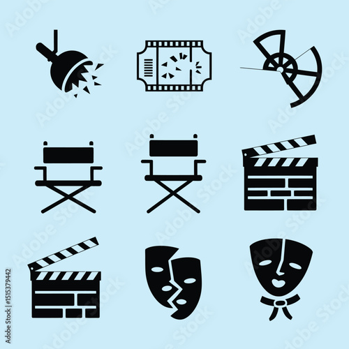 vector icons for cinema, Director's Chair , theatrical roles, video tape, cinema shattered spotlight, Theater Ticket
