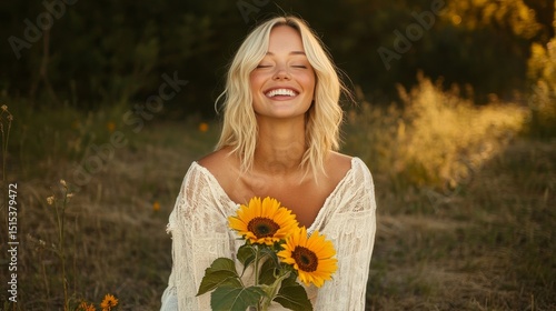 Beautiful Woman Smiles With Sunflowers in a Sunny Field During Golden Hour