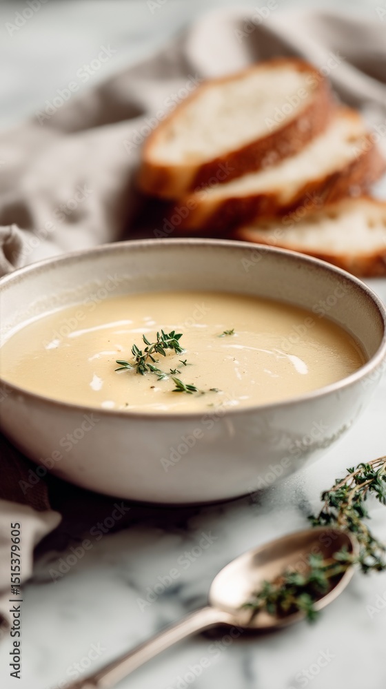 Delicious Creamy Soup Served With Fresh Bread on a Rustic Table Delicious Creamy Soup Served With Fresh Bread on a Rustic Table
