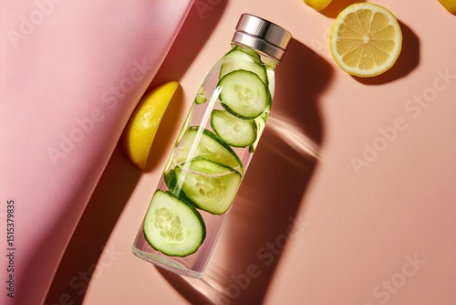 Refreshing Cucumber and Lemon Infusion in Clear Bottle on Light Background