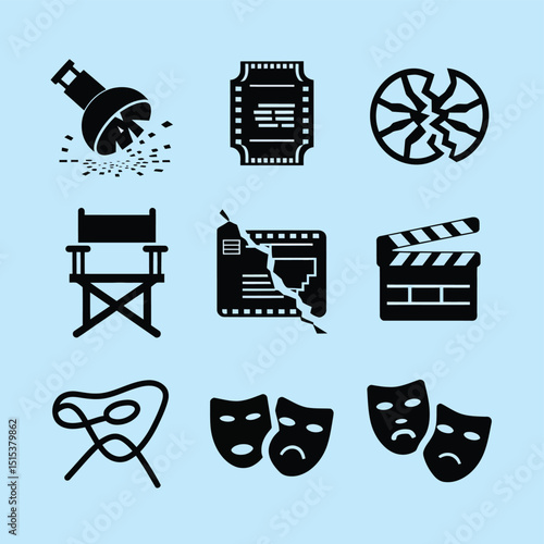 vector icons for cinema, Director's Chair , theatrical roles, video tape, cinema shattered spotlight, Theater Ticket
