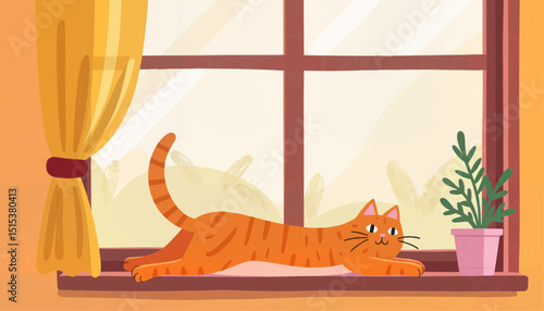 Orange cat lounging on windowsill with potted plant in sunlight  