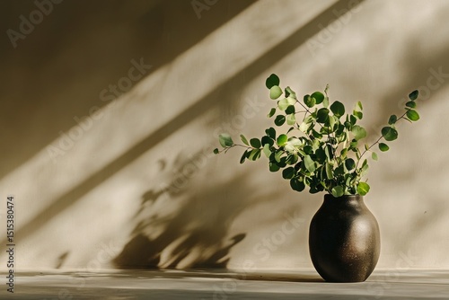 Green Plant Arrangement in Sunlight on Wooden Surface With Soft Shadows
