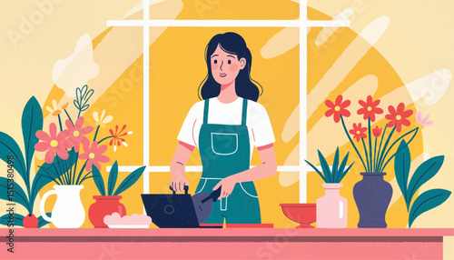 Woman cooking in a bright kitchen surrounded by flowers and plants  