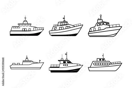 Patrol Boat Outline Line Art Vector Set