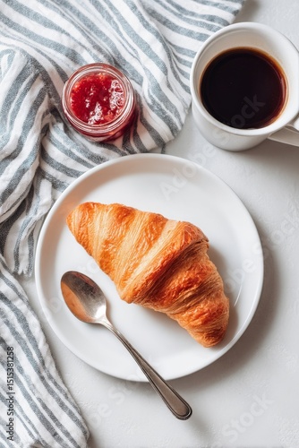 Croissant Served With Jam and Coffee on a Flat Plate During Breakfast Time
