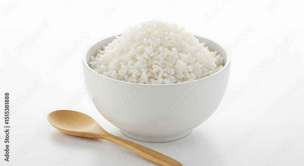 Simple bowl of white rice with a wooden spoon beside it, isolated on white — staple food image for global use Simple bowl of white rice with a wooden spoon beside it, isolated on white — staple food image for global use
