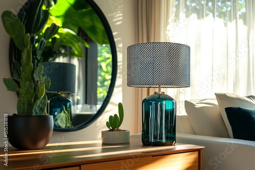 Living Room Decor With Stylish Lamp and Indoor Plants in Bright Natural Light