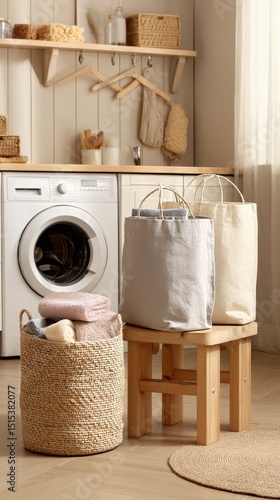 Laundry Space With Baskets and a Washing Machine in a Cozy Room Setting