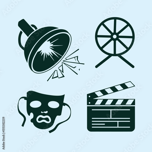 vector icons for cinema, Director's Chair , theatrical roles, video tape, cinema shattered spotlight, Theater Ticket
