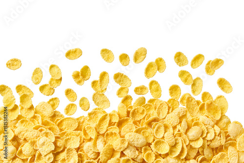 tasty golden corn flakes scattered in a white background, top view.