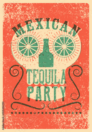 Mexican Tequila Party typographical vintage grunge style poster design with skull silhouette. Retro vector illustration.