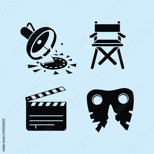 vector icons for cinema, Director's Chair , theatrical roles, video tape, cinema shattered spotlight, Theater Ticket
