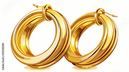 Close-up of shiny golden hoop earrings resting on pure white background. Their smooth curves reflect soft light, showcasing minimalist elegance and timeless fashion accessory for modern women.

