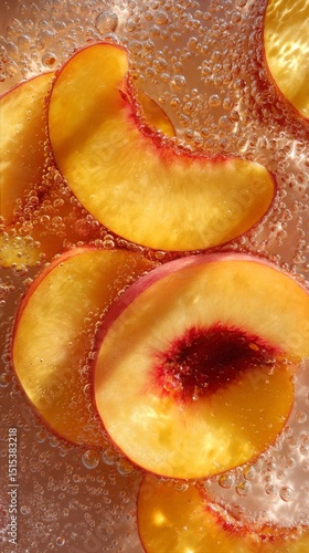 Fresh Peach Slices Arranged Artfully on a White Surface Showcasing Vibrant Co...
