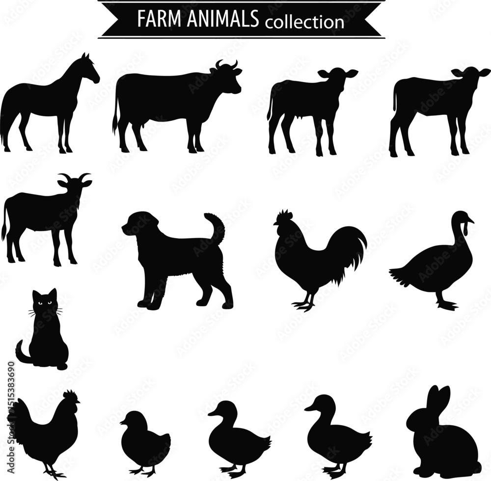 Farm Animals Silhouette Vector Collection - Isolated on White Background Farm Animals Silhouette Vector Collection - Isolated on White Background