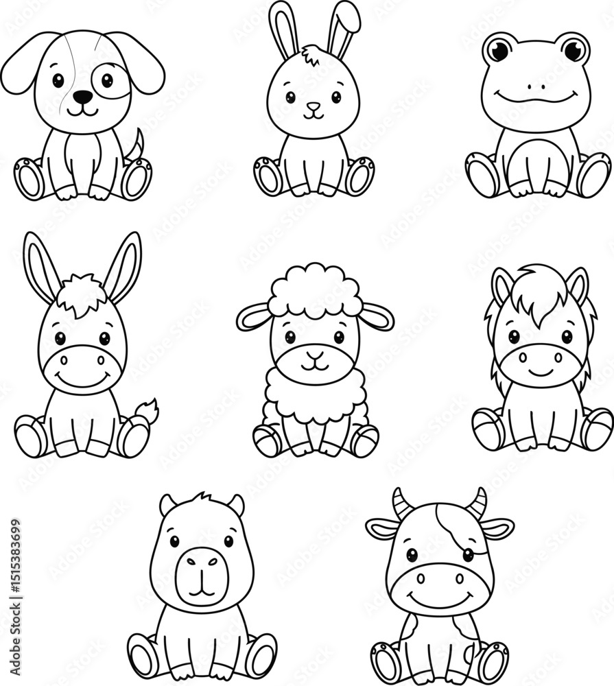 Funny Cartoon Cute Animals Vector Set - Puppy, Capybara, Frog, Lamb & Farm Animals for Kids Media Funny Cartoon Cute Animals Vector Set - Puppy, Capybara, Frog, Lamb & Farm Animals for Kids Media