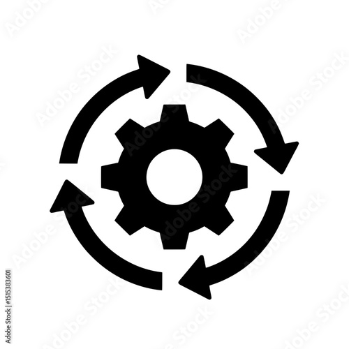 Solid black gear icon with four arrows forming a circular motion, symbolizing process and automation
