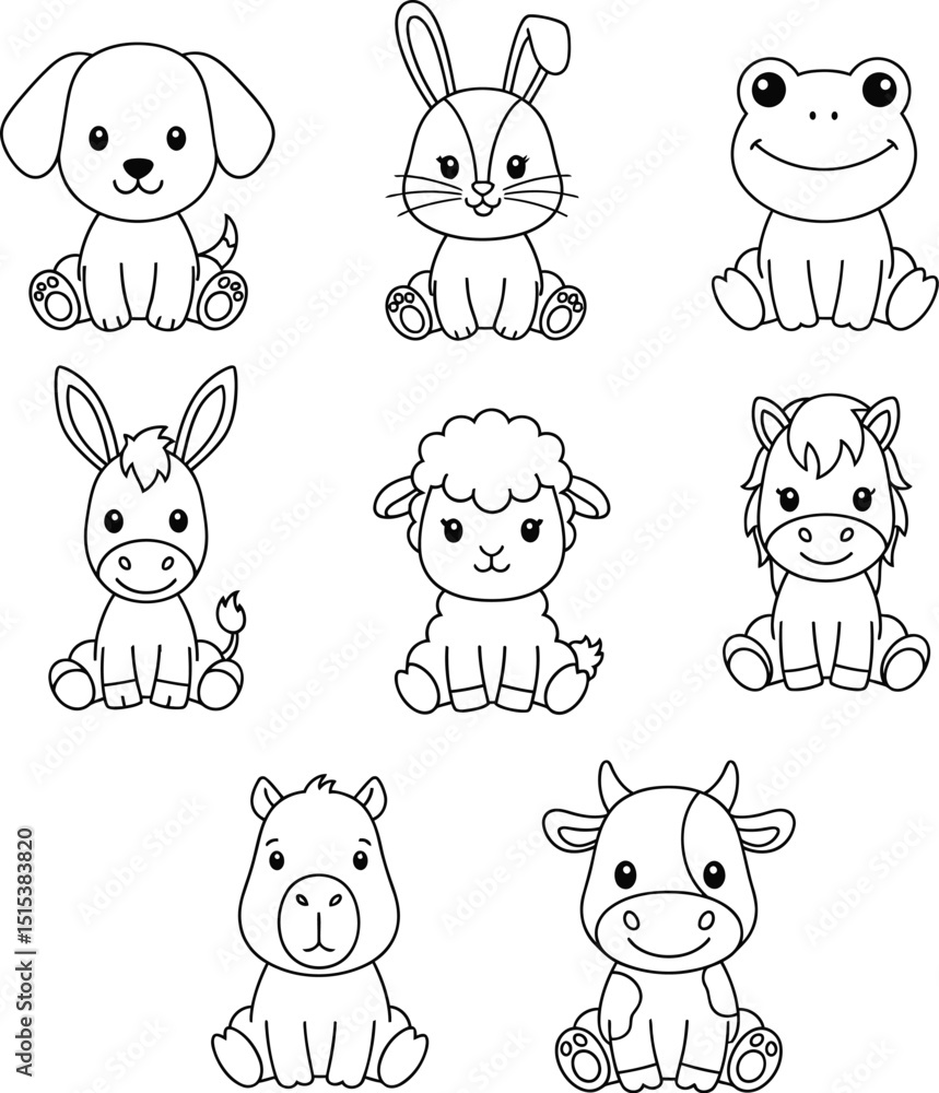 Funny Cartoon Cute Animals Vector Set - Puppy, Capybara, Frog, Lamb & Farm Animals for Kids Media Funny Cartoon Cute Animals Vector Set - Puppy, Capybara, Frog, Lamb & Farm Animals for Kids Media