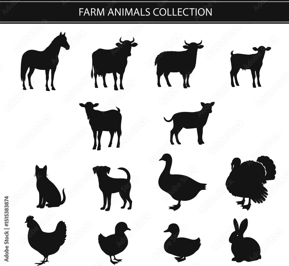 Obraz premium Farm Animals Silhouette Vector Collection - Isolated on White Background