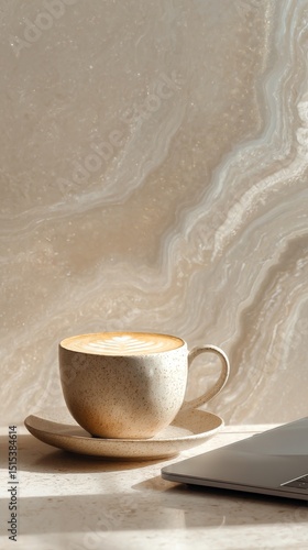 Warm Latte Art Served in a Unique Cup Beside a Laptop on a Stylish Wooden Table