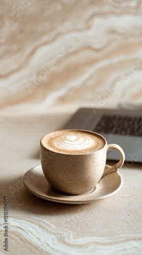 Enjoying Latte Art and Relaxation at a Cozy Workspace With a Laptop on a Marb...