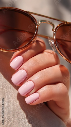 Stylish Hand Holding Sunglasses With Pink Lenses Against a Pink Background in...