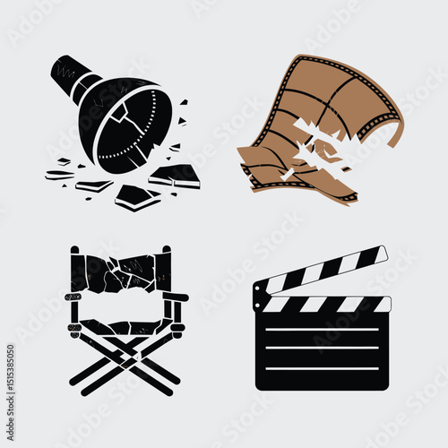 vector icons for cinema, Director's Chair , theatrical roles, video tape, cinema shattered spotlight, Theater Ticket
