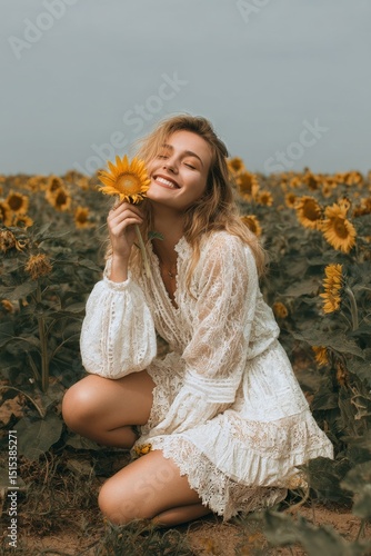 Smiling Woman in White Dress Holding Sunflower in Sunny Field