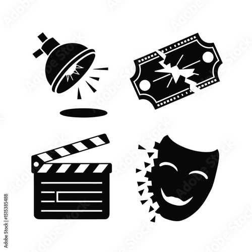 vector icons for cinema, Director's Chair , theatrical roles, video tape, cinema shattered spotlight, Theater Ticket
