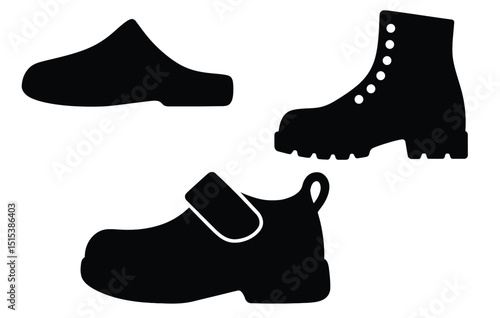Silhouette Shoe Icons – Boot, Slipper, Kids Velcro Shoe Clipart for Footwear Design Projects