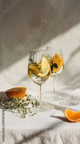 Refreshing Summer Drink With Citrus and Herbs on a Sunny Table