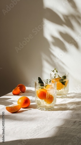 Refreshing Summer Drink With Citrus and Herbs on a Sunny Table