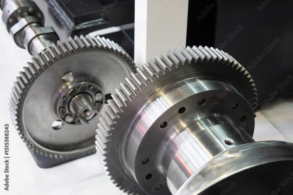Close-up of industrial metal gears and camshaft components, used in mechanical engineering, power transmission, and heavy machinery manufacturing. – Engineering, Manufacturing Close-up of industrial metal gears and camshaft components, used in mechanical engineering, power transmission, and heavy machinery manufacturing. – Engineering, Manufacturing