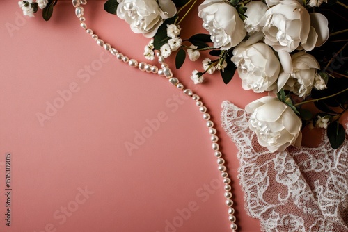 Elegant Arrangement of White Flowers With Pearls on a Pink Background for Spe...