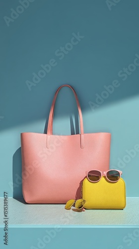 Stylish Pink Tote and Yellow Wallet With Sunglasses Against a Blue Background