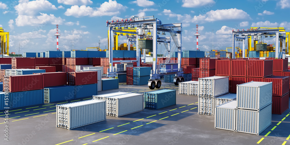 Εκτύπωση καμβά Vibrant seaport with stacked red, blue, and white cargo containers and gantry cranes operating under a bright blue sky, facilitating import-export logistics