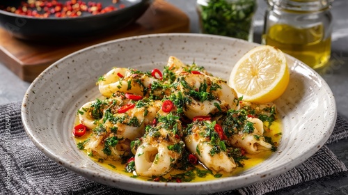 Grilled Squid With Herbs, Spices, and Lemon Served on a Rustic Plate