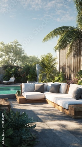 Relaxing Outdoor Seating Area With Pool Surrounded by Tropical Plants in a Serene Setting