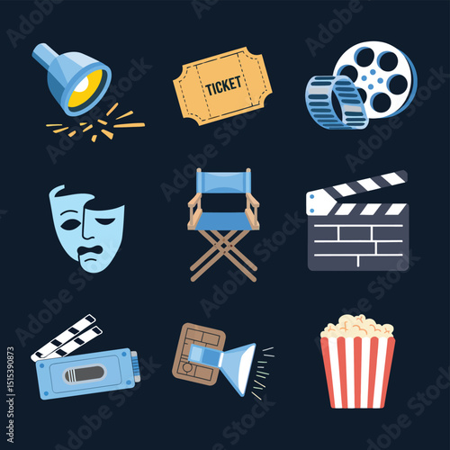 vector icons for cinema, Director's Chair , theatrical roles, video tape, cinema shattered spotlight, Theater Ticket

