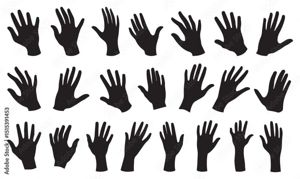 Fototapeta premium Hand vector silhouette, detailed hand gestures, positions, signs. Ideal arm, hands for illustrations, logos, icons. High quality graphics showcasing human interaction, expression